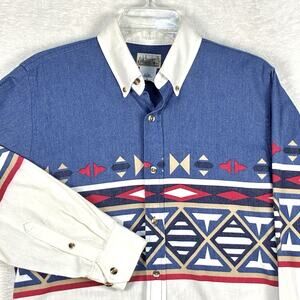 VTG Express Rider Western Shirt Mens S Blue White Southwest Aztec Rodeo Cowboy